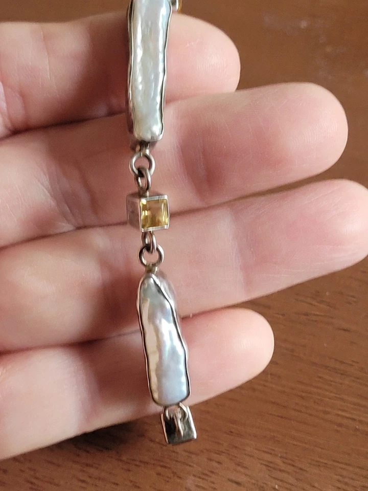 PULSERA VINTAGE PLATA ESTERLINA PERLAS AGUA DULCE Y CITRINO Foto 3 de 4