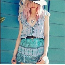 Spell & The Gypsy Free People Blue Floral Print Desert Wander Shift Mini Dress 8