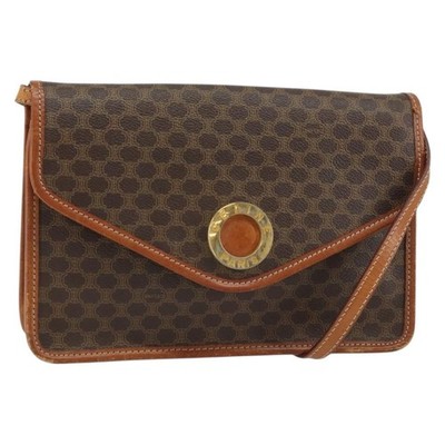 CELINE Macadam Canvas Circle Shoulder Bag PVC Leather Brown Gold
