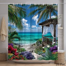 Tropical Beach Flower Coconut Tree Waterproof Shower Curtain Bathroom Decor