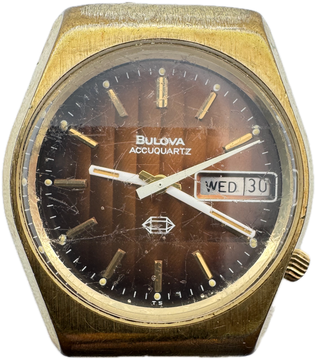 Vintage 1976 Bulova Faceted Orange Day Date Tuning Fork Watch 224 2