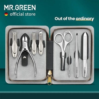 MR.GREEN Manicure Set Morandi Grey Full-Grain Leather Case Premium Nail Care Kit