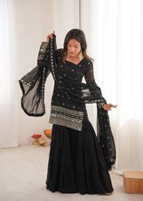Classic Look Heavy Georgette Black Top Palazzo With Dupatta For Indian Party