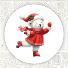 Watercolor Christmas Polar Bear Ice Skating Stickers Round Matte Labels Seals
