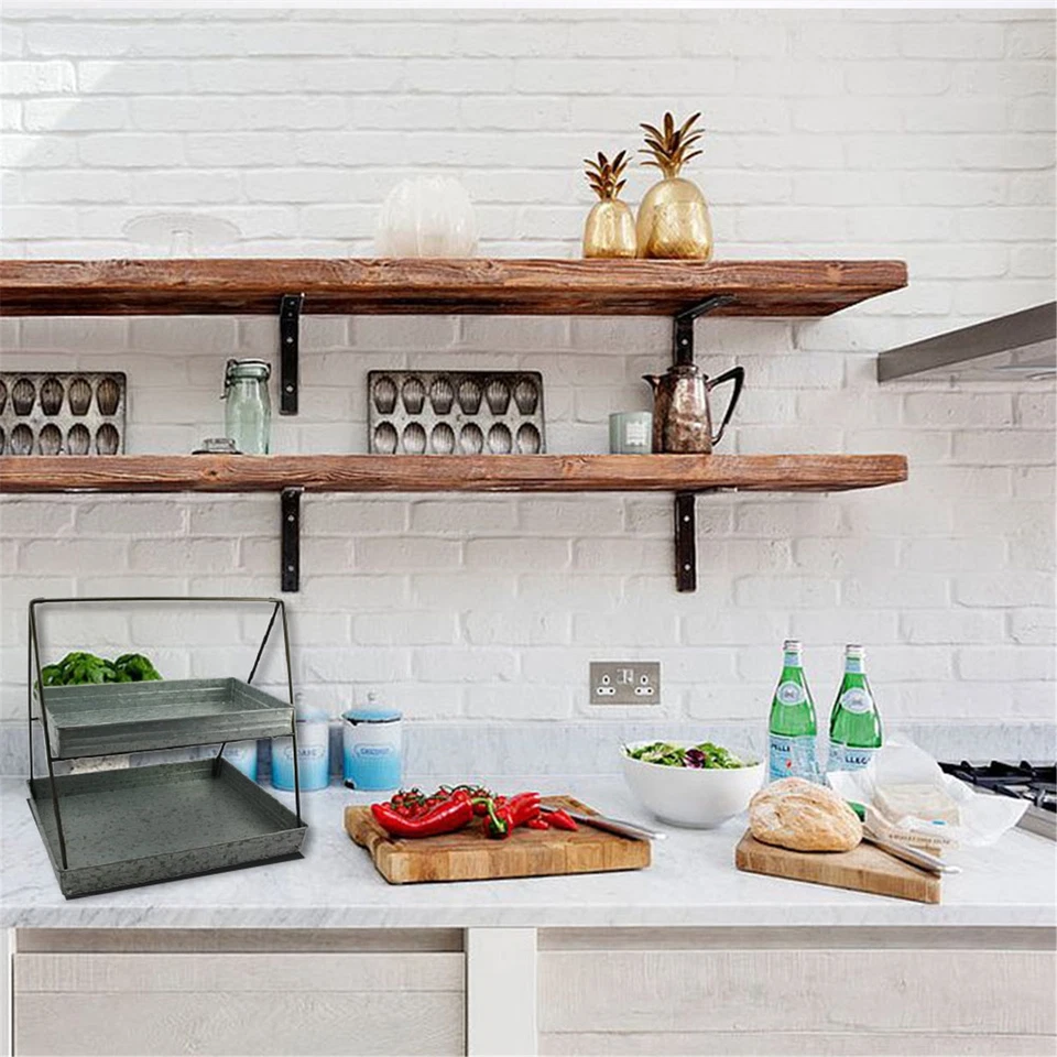 Benzara Galvanized Metal 2 Tiered Rectangular Serving Tray, Gray Gray - Image 3 of 3