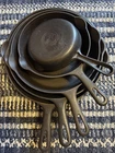 Griswold Matched 3,5,7,8,9 Small Logo Groove Handle Cast Iron Skillet Set - Flat