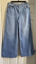 Light Blue Denim Wide-Leg Jeans Distressed 5-Pocket Design Button Zip Women