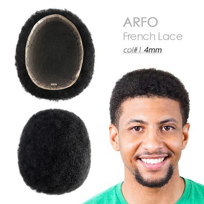 Mens Toupee Human Hair Afro Curl 4mm Full Lace Wig for Men Black Hair System #1B