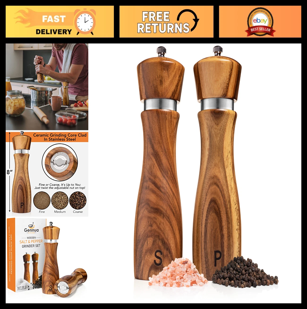 Wooden Salt & Pepper Grinder Set - Refillable Mills, Adjustable Coarseness, 8” A
Opens in a new wind