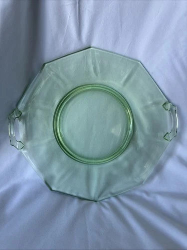Green Depression Uranium Glass 2 Handles Serving Plate Platter 10-sided Decagon