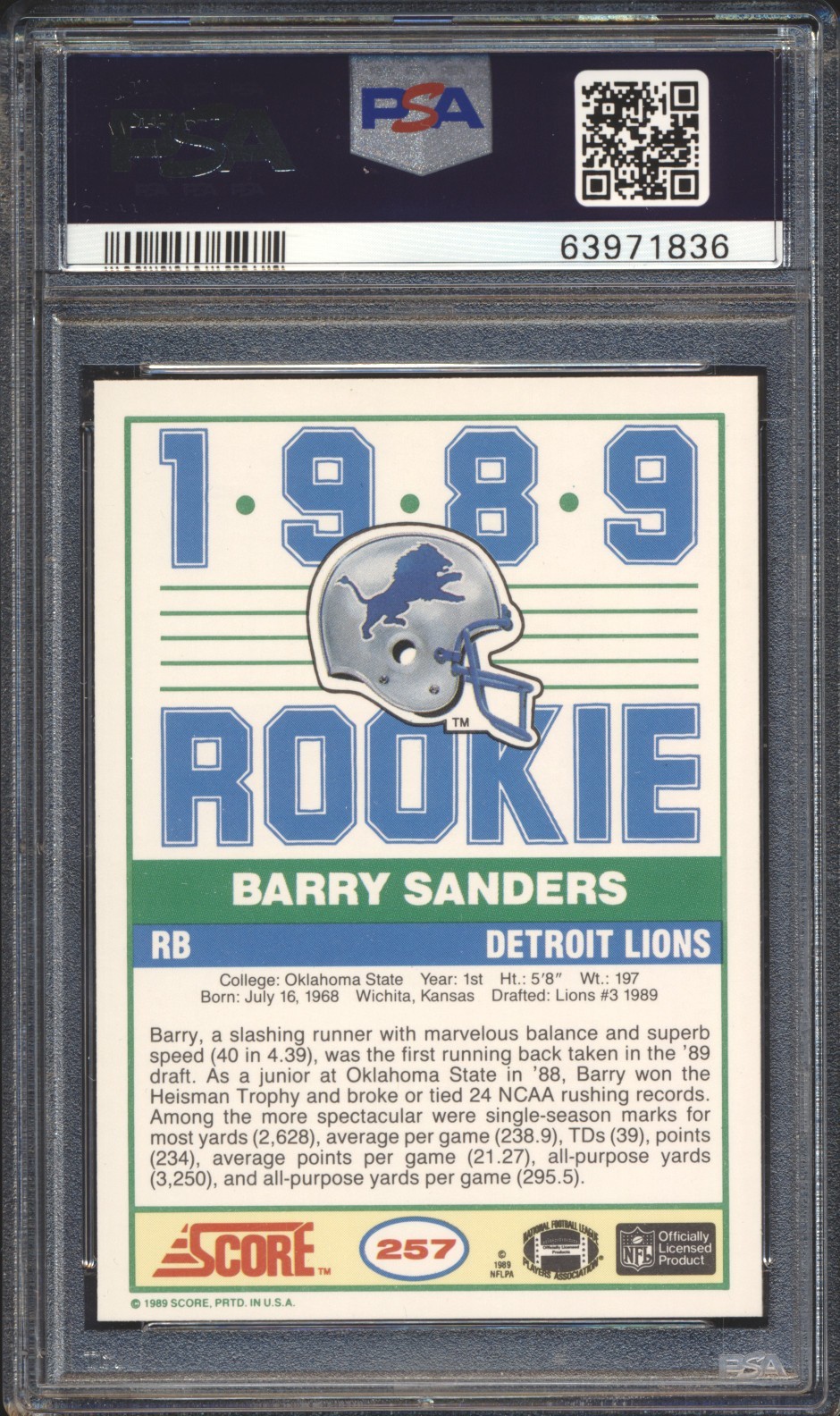 1989 Score Football Barry Sanders ROOKIE #257 PSA 10 LIONS GEM MINT HOF view 2