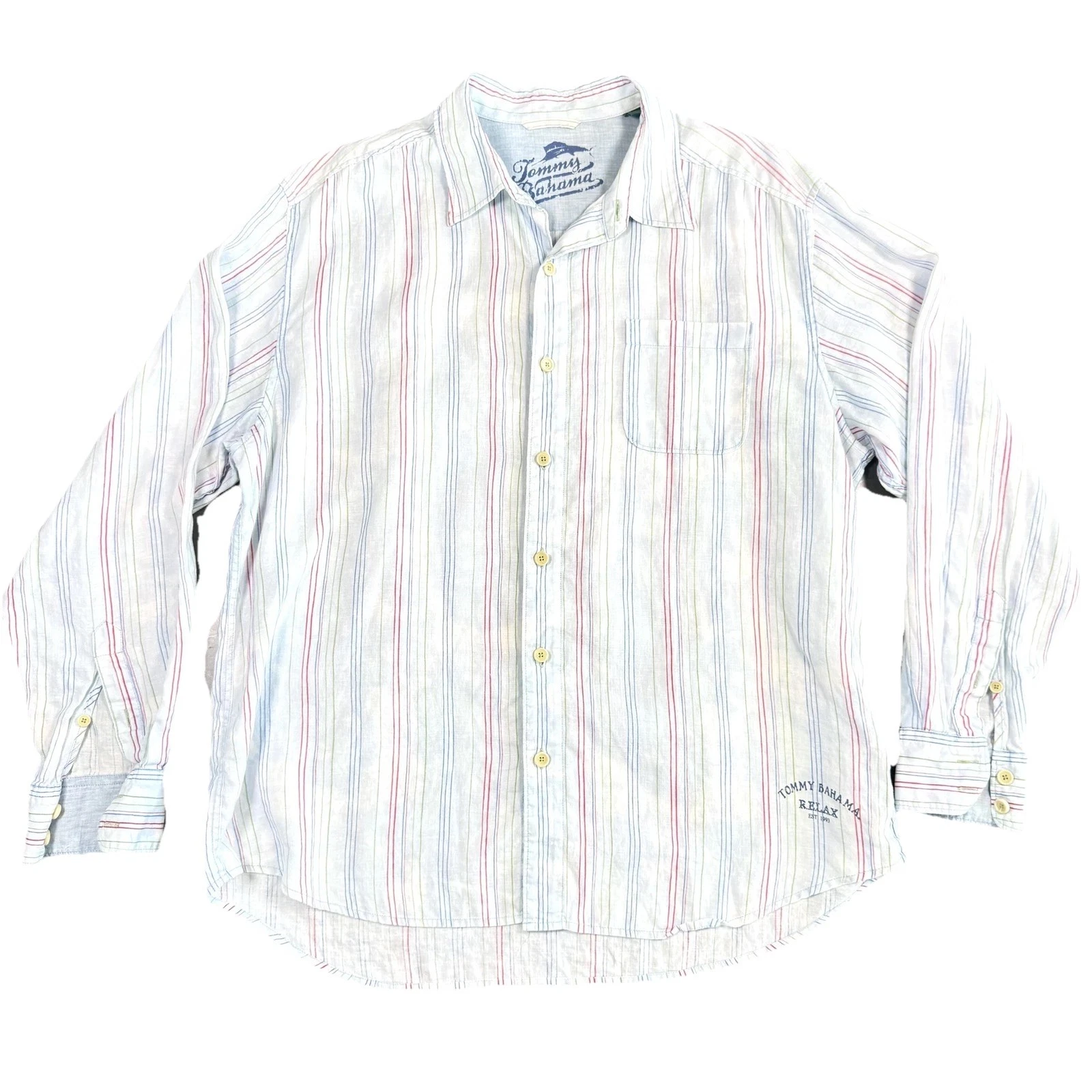 Tommy Bahama Shirt Mens XL Blue Striped 100% Linen Long Sleeve Relax Beachwear