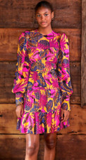 FARM RIO Yellow Fruit Dream Long Sleeve Mini Dress, Pleated, Ruffles, Sm $265