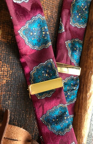 VTG SATIN TEAL GREEN BLUE PINK MAROON GOLD SUSPENDERS BRACES BROWN LEATHER EUC - Afbeelding 4 van 7