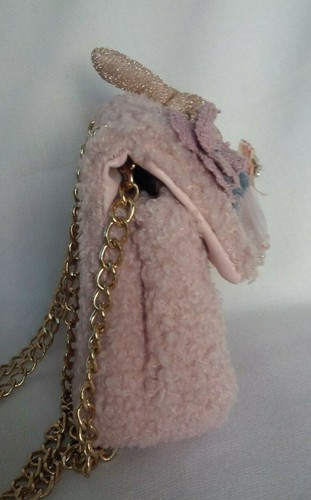 Pink Curly Faux Fur BUNNY IN TUTU Mini Purse With Gold Chain - Picture 2 of 12