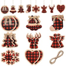 16 Pieces Christmas Buffalo Plaid Hanging Ornaments Christmas Tree Wooden Han...