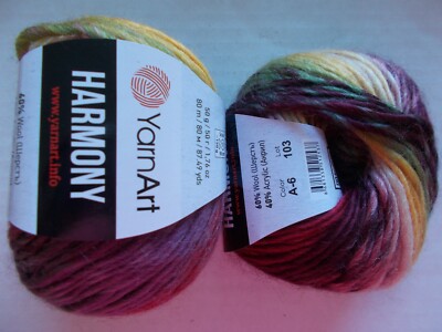 YarnArt Harmony wool blend roving yarn, Multi A-6, lot of 2, (87 yds each)