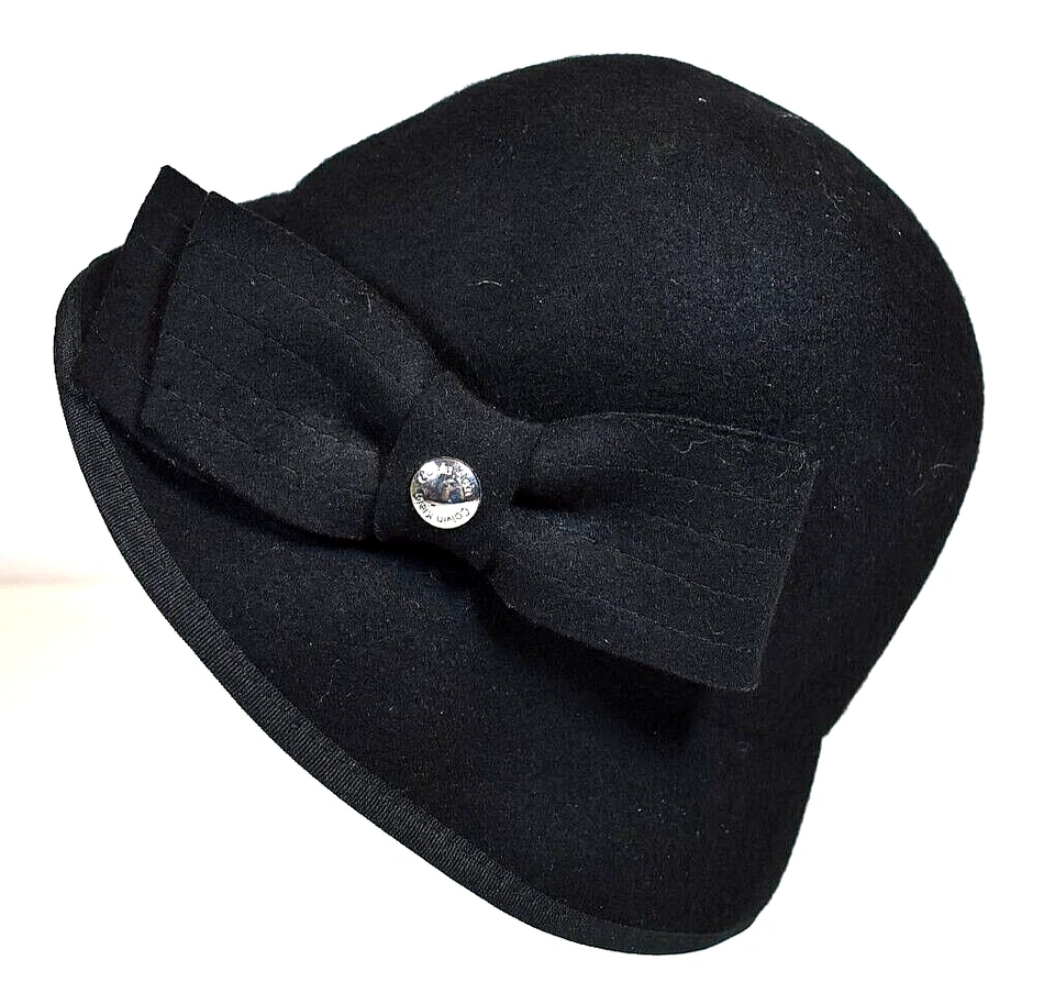 Sombrero de cubo Calvin Klein nuevo sin etiquetas negro de lana con lazo y detalles de botones plateados Foto 4 de 4