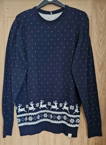 Maglione natalizio uomo blu navy taglia Large 42/44" petto nuovo con etichetta
