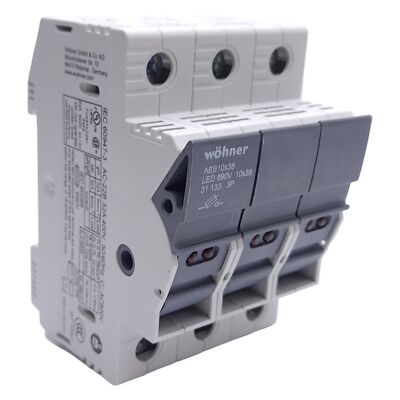 Wohner 31133 Fuse Holder, 10x38, 3-Pole, 32A, 110-690VAC/DC, DIN Rail