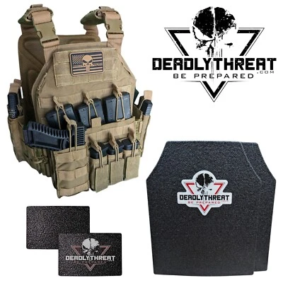 DEADLY THREAT ARMOR Urban Assault Desert Fox Tactical Vest Plate Carrier W/ Level III Armor Plates