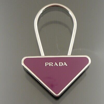 Authentic PRADA Logo Triangle Key Ring Holder Silver Metallic 