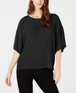 NEW EILEEN FISHER BLACK SILK GEORGETTE CREPE BALLET NECK BOX TOP L $258 | eBay
