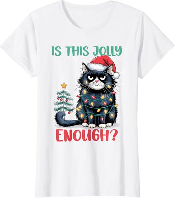 Is This Jolly Enough Cat Christmas Tree Funny Xmas Ladies' Crewneck T-Shirt