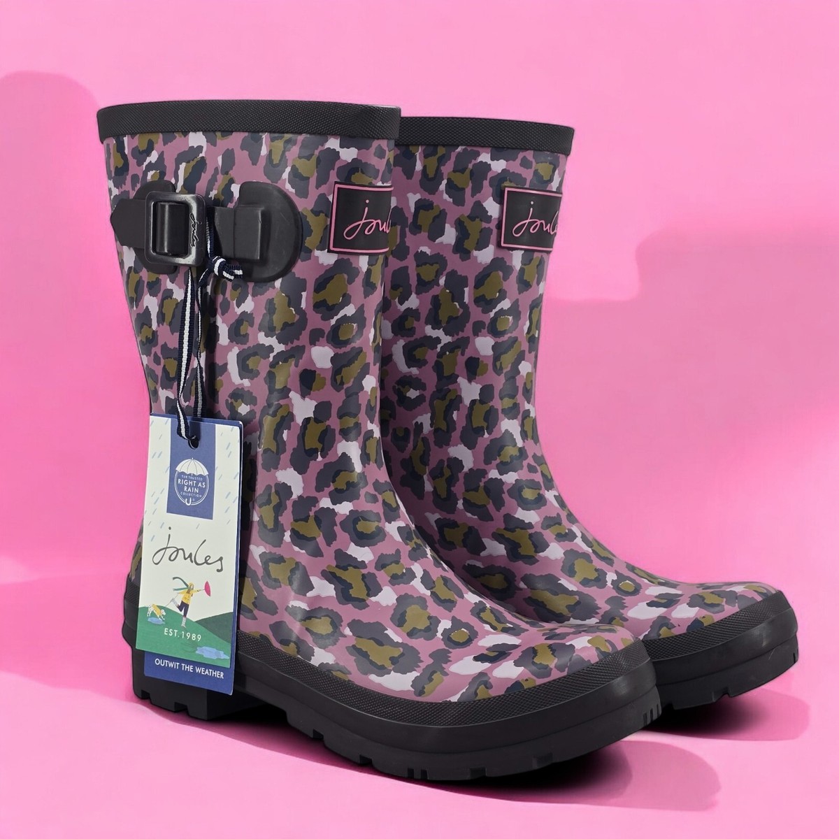 New Joules Rain Boots Mid Calf Molly Welly Pink Leopard Size US: UK: