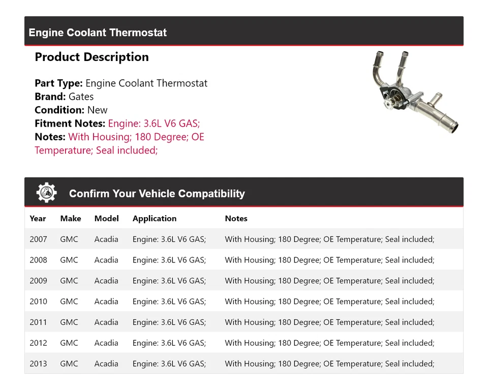 Para GMC Acadia 2007-2013 3,6 L V6 motor gas refrigerante termostato puertas 2008 2009 Foto 2 de 4