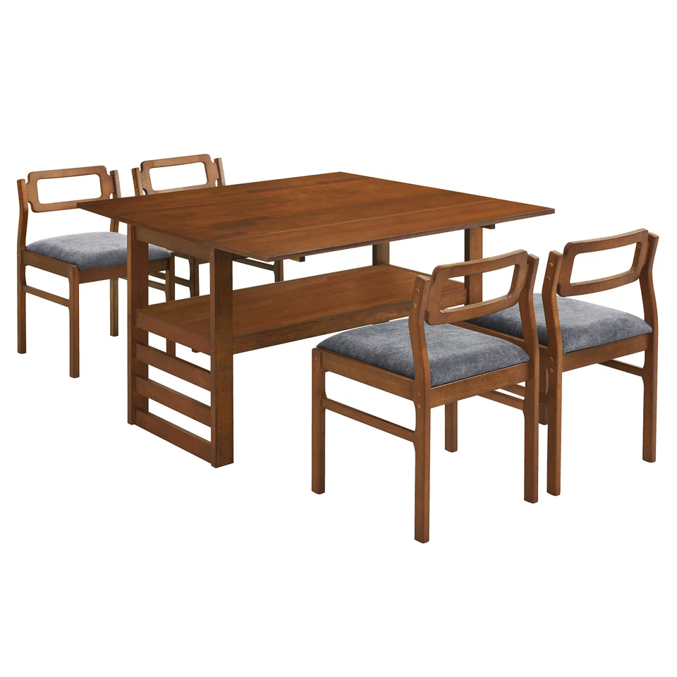 5 Pieces 47.2" Extendable Square Dining Table Set Two Drop Leaves 4 Chairs Brown - Image 4 of 4