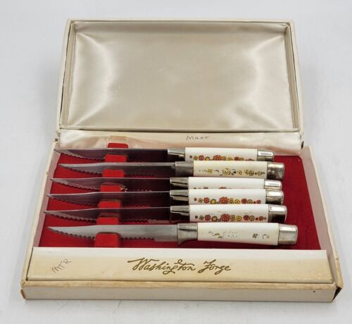 Vintage Washington Forge Stainless Set 6 Steak Knives w/ Box Mid Century Spice