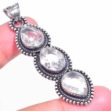 White Topaz Gemstone Handmade 925 Sterling Silver Jewelry Pendant Sz 2.5"