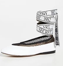 j w anderson shoes White Leather Black Net Trim Round Toe Ribbon Ankle Strap 39