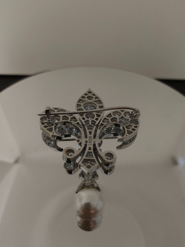 2Ct Simulated Diamond Pearl & Ruby Elegant Brooch Pin 14k White Gold Plated - Picture 7 of 11