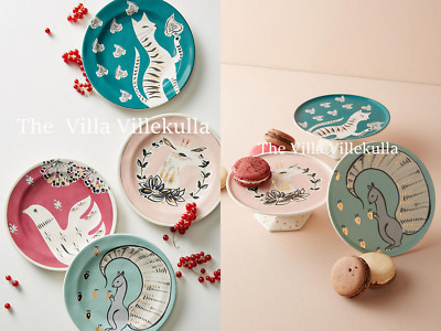 Anthropologie ''Corinna  Dessert Plate & Cake Stand 7PC Set ~ Squirrel /Deer/Cat 