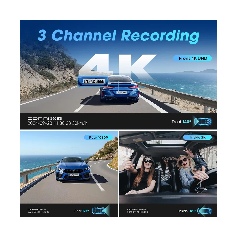 DDPAI 3 Channel Dash Cam 4K, 4K+2K+1080P Triple Dashcam, up to 15MB/s 5GHz Wi... - Image 2 of 4