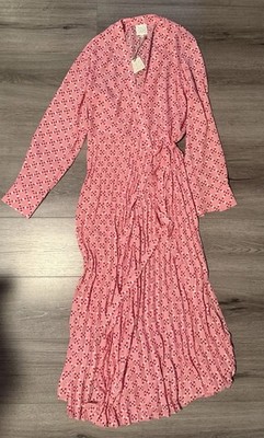 365 Days Ascot Pleated Wrap Dress Sz M / L Pink Red Geo Square Print AU 12 - 14