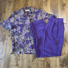 VINTAGE Preston & York 100% Silk Button Up Paisley Blouse and Trouser Set Sz 16