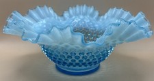 Vintage Fenton Hobnail Opalescent Blue Bowl Ruffle Crimped Edge 10"