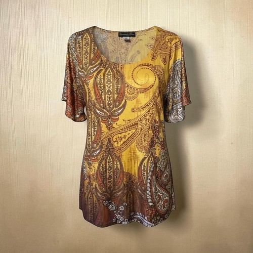 Appropriate Behavior Gold Paisley Satin Butterfly Tunic Shirt Women XL 16 - 18