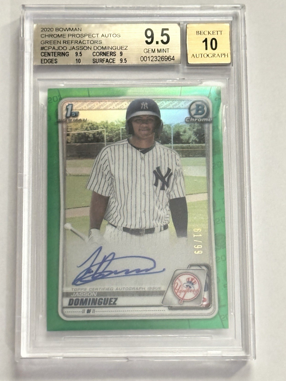 2020 Bowman Jasson Dominguez Chrome Auto 1st Green Refractor #6/99 BGS 9.5/10