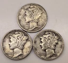 1944 P, D, S MERCURY DIMES 10C (#304) 3 coins, circulated, ungraded