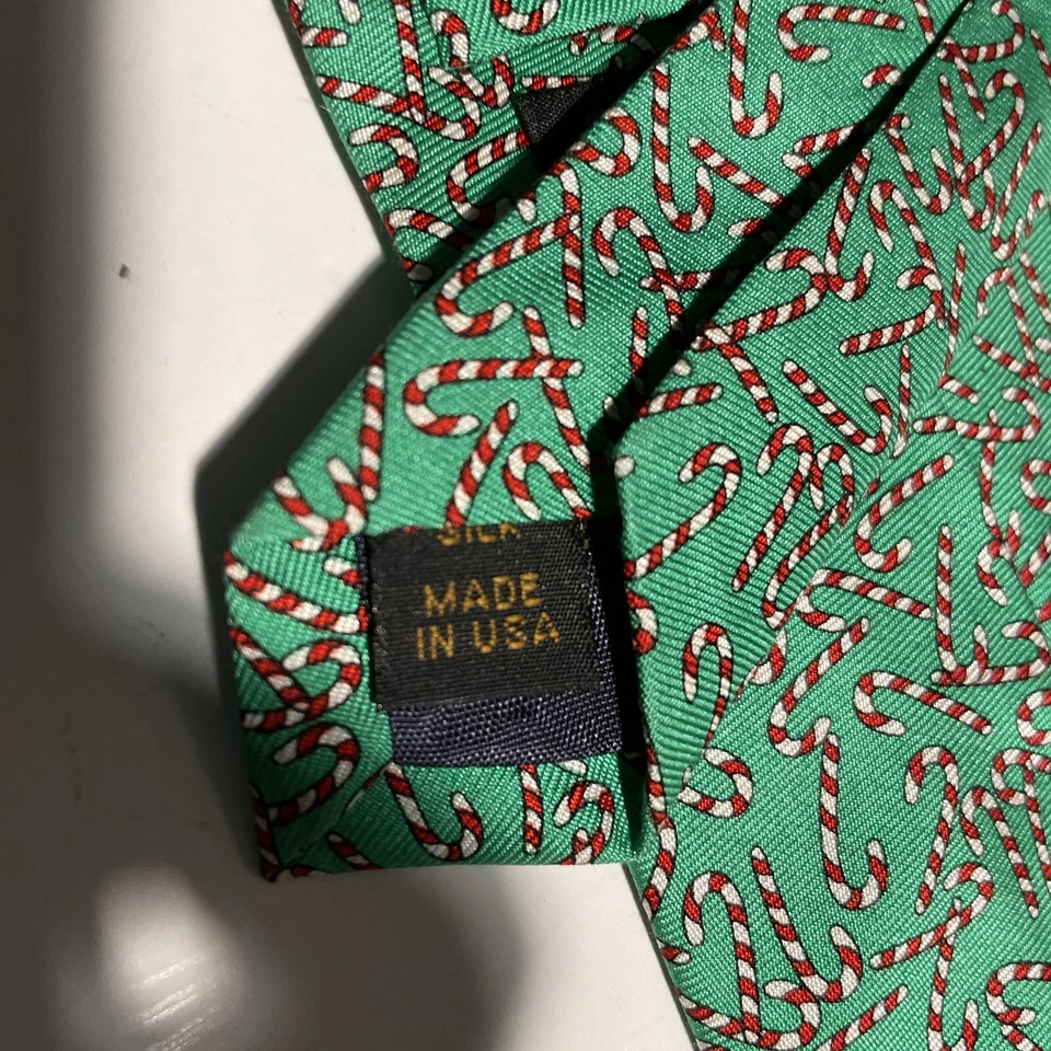 Peter Blair Christmas Green Silk Tie With Red And White Candy Canes Made in USA - Image 4 of 4