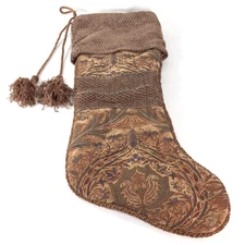 Villa Bacci Christmas Stocking Green Gold Floral Leaf Tapestry Tassels 24"