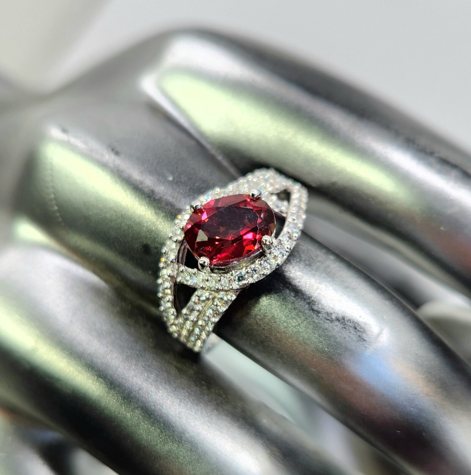 Sterling Silver Lab Ruby Gemstone Ring with CZ Ac… - image 2