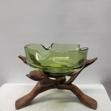 Vintage 1960s Art Glass Bowl With Hand Carved Puzzle Stand Artisan Made USA
