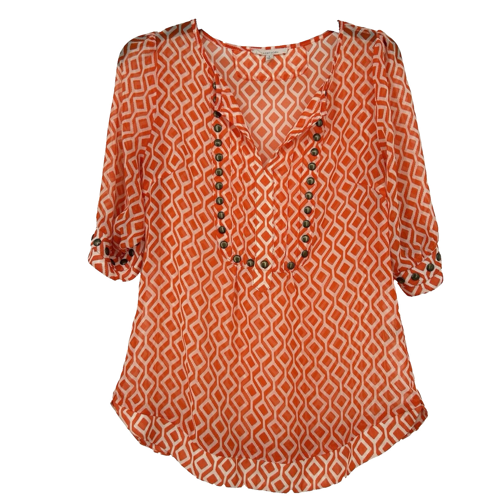 41 Hawthorn Stitch Fix Top Blouse Orange Geometric Studded Tulip Sleeves Size S
