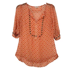 41 Hawthorn Stitch Fix Top Blouse Orange Geometric Studded Tulip Sleeves Size S
