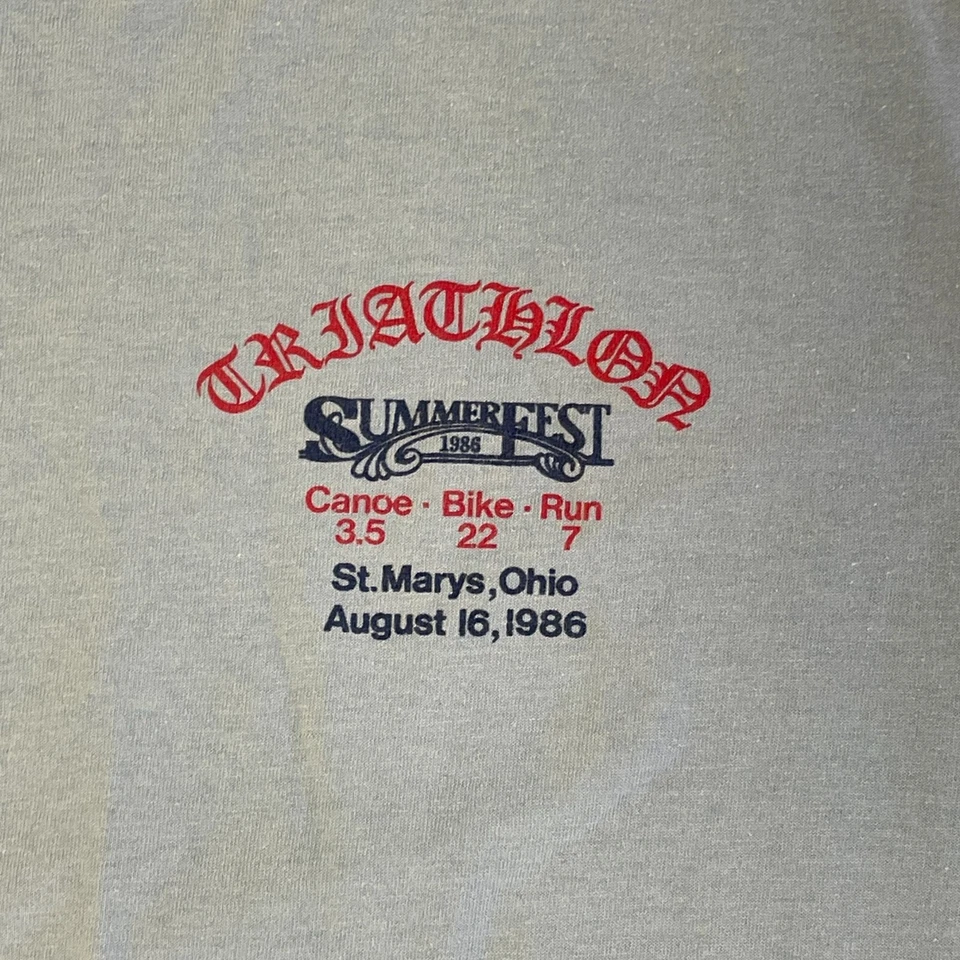 Vtg 80's Triathlon Blue 1986 Summerfest Canoe Bike Run Ohio 50/50 LS T-Shirt M - Image 2 of 4